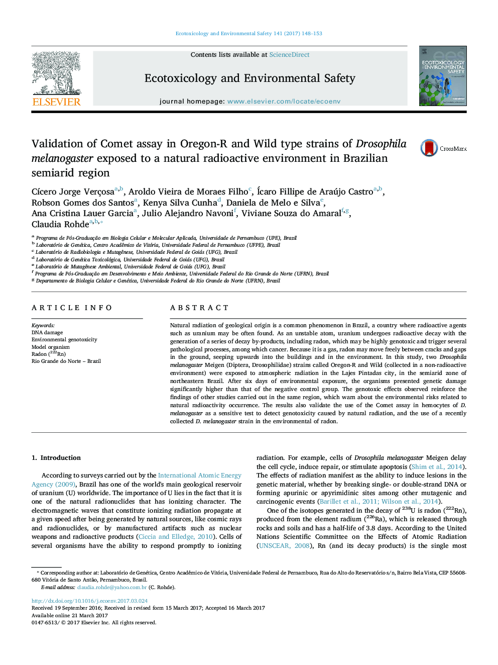 Validation of Comet assay in Oregon-R and Wild type strains of Drosophila melanogaster exposed to a natural radioactive environment in Brazilian semiarid region