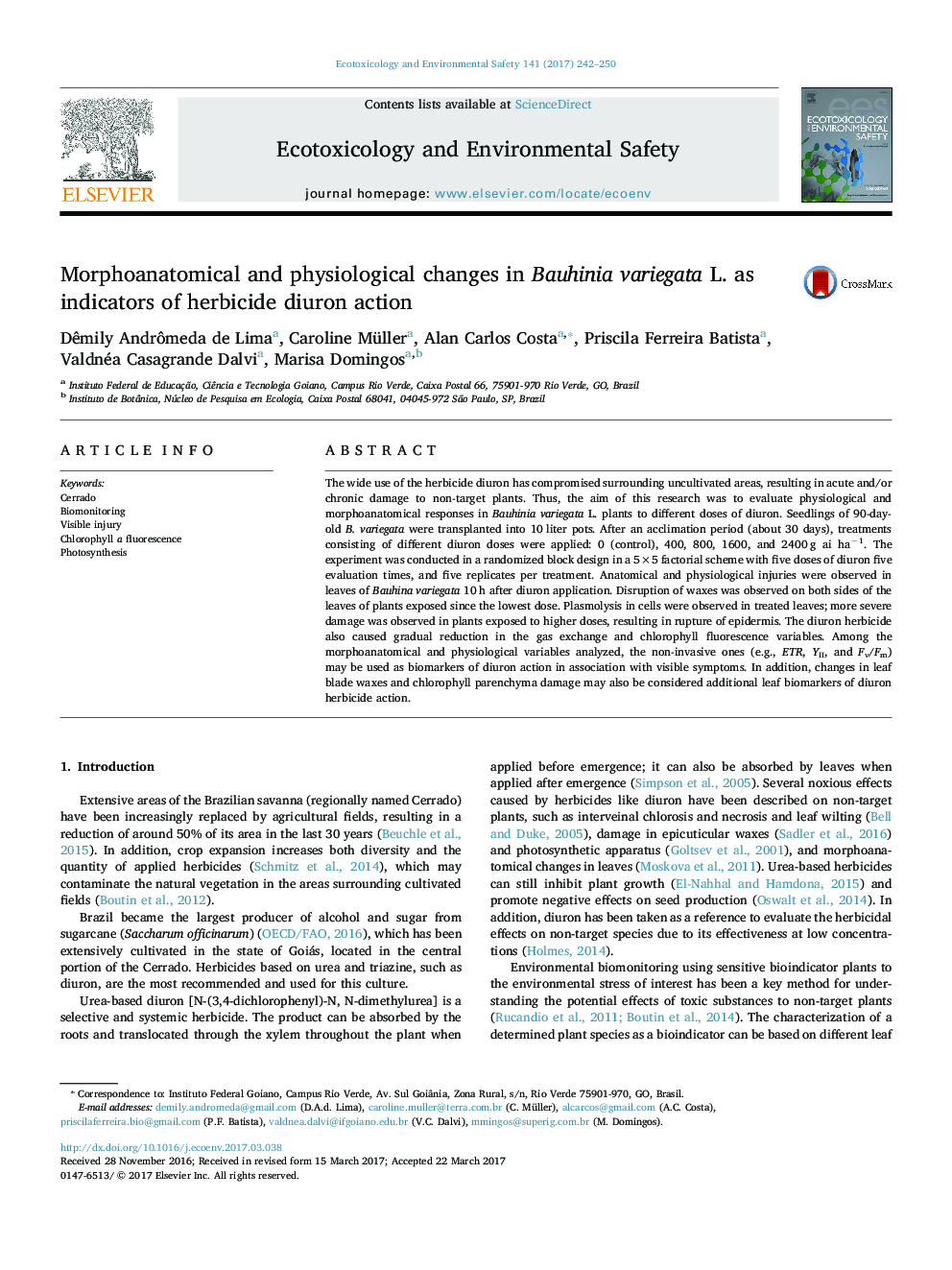 Morphoanatomical and physiological changes in Bauhinia variegata L. as indicators of herbicide diuron action