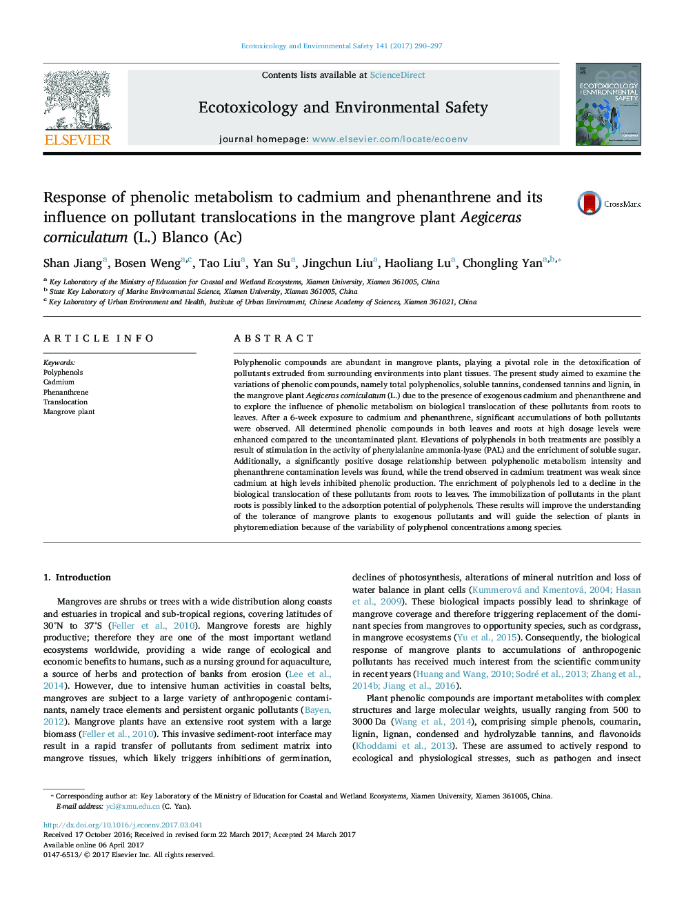 عکس صفحه اول مقاله: Response of phenolic metabolism to cadmium and phenanthrene and its influence on pollutant translocations in the mangrove plant Aegiceras corniculatum (L.) Blanco (Ac) Response of phenolic metabolism to cadmium and phenanthrene and its influence on pollutant translocations in the mangrove plant Aegiceras corniculatum (L.) Blanco (Ac)