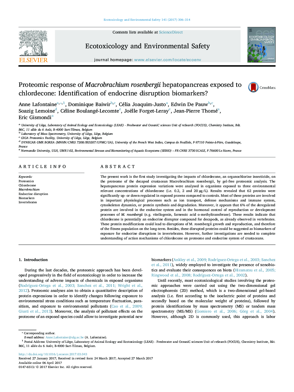 Proteomic response of Macrobrachium rosenbergii hepatopancreas exposed to chlordecone: Identification of endocrine disruption biomarkers?