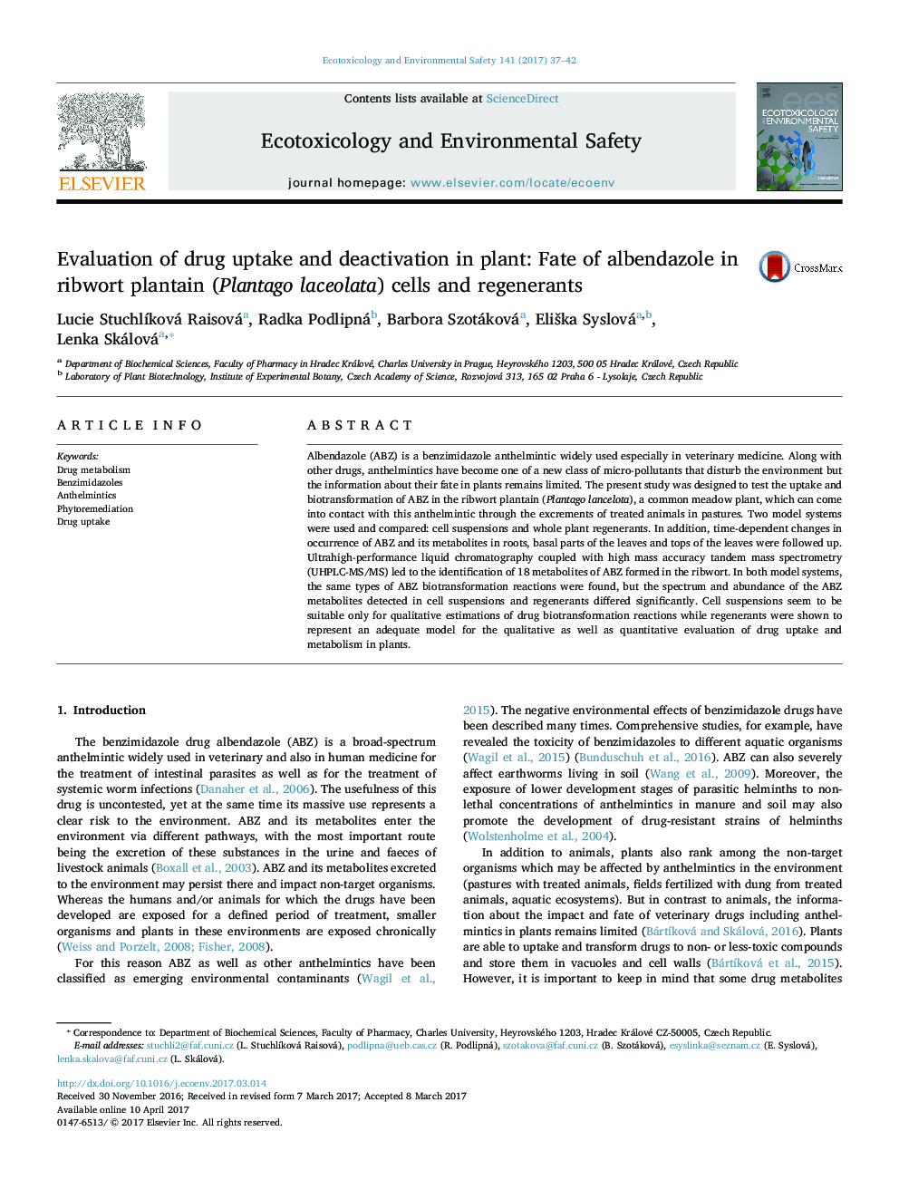 عکس صفحه اول مقاله: Evaluation of drug uptake and deactivation in plant: Fate of albendazole in ribwort plantain (Plantago laceolata) cells and regenerants Evaluation of drug uptake and deactivation in plant: Fate of albendazole in ribwort plantain (Plantago laceolata) cells and regenerants