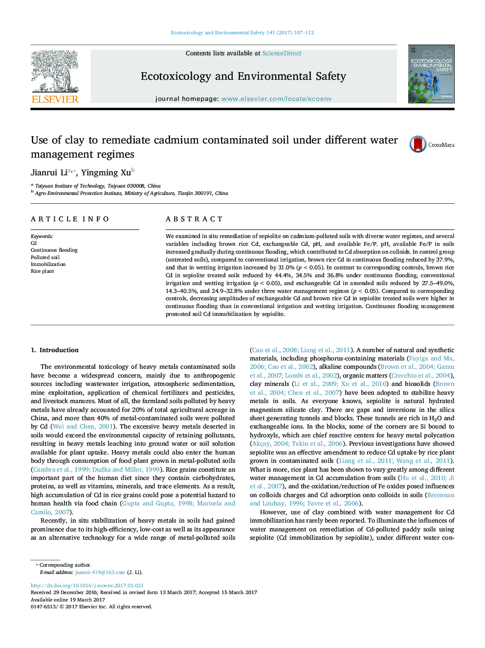 Use of clay to remediate cadmium contaminated soil under different water management regimes