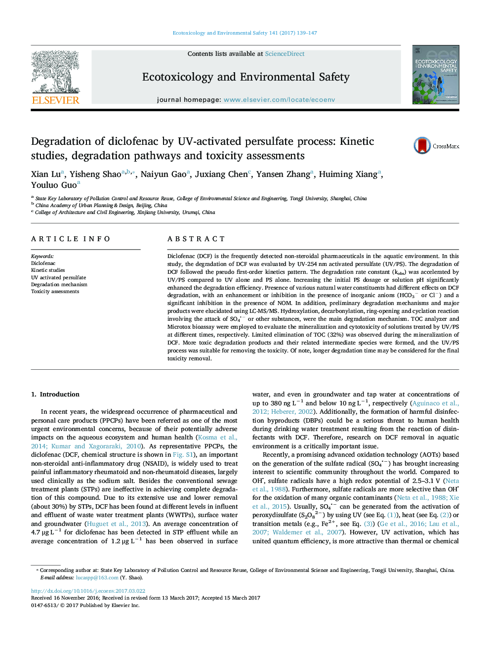 Degradation of diclofenac by UV-activated persulfate process: Kinetic studies, degradation pathways and toxicity assessments