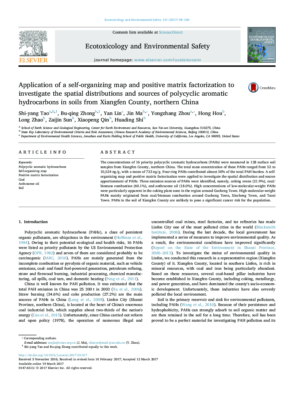 Application of a self-organizing map and positive matrix factorization to investigate the spatial distributions and sources of polycyclic aromatic hydrocarbons in soils from Xiangfen County, northern China