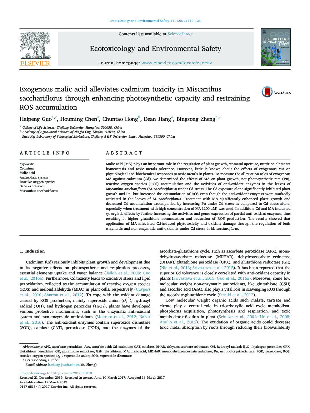 Exogenous malic acid alleviates cadmium toxicity in Miscanthus sacchariflorus through enhancing photosynthetic capacity and restraining ROS accumulation