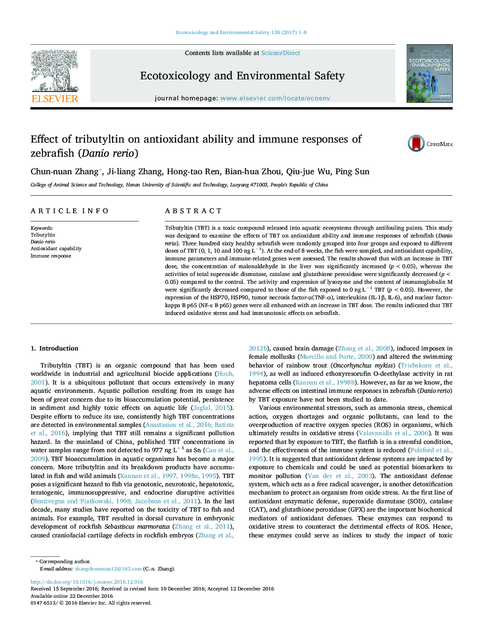 Effect of tributyltin on antioxidant ability and immune responses of zebrafish (Danio rerio)