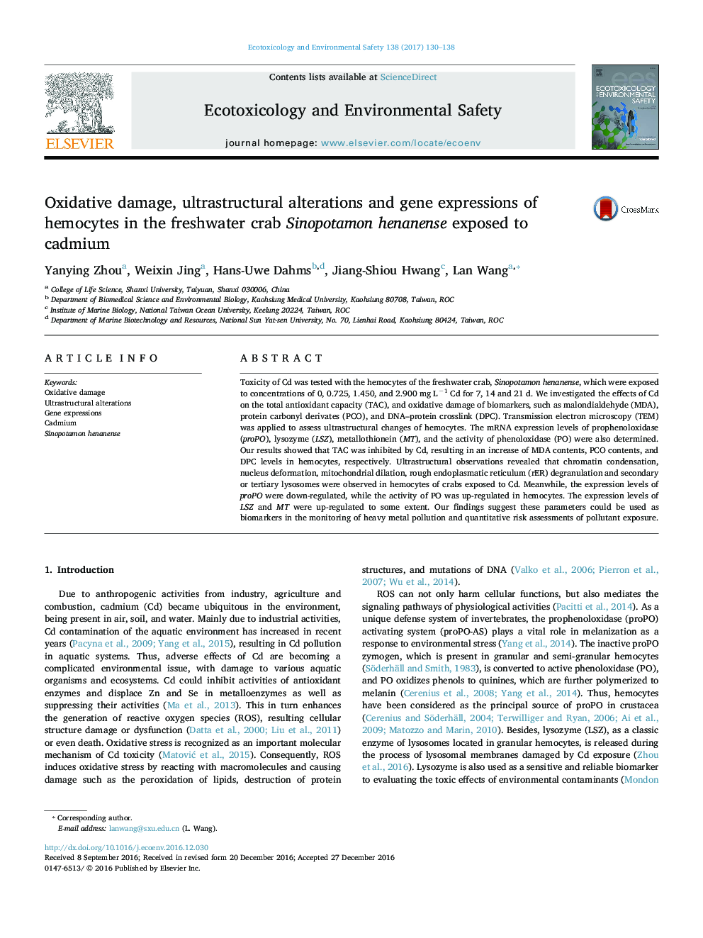 آسیب اکسیداتیو، تغییرات فراصوتی و بیان ژن های هموسیت ها در خرچنگ آب شیرین سینوپاتامون هنانژن در معرض کادمیوم 