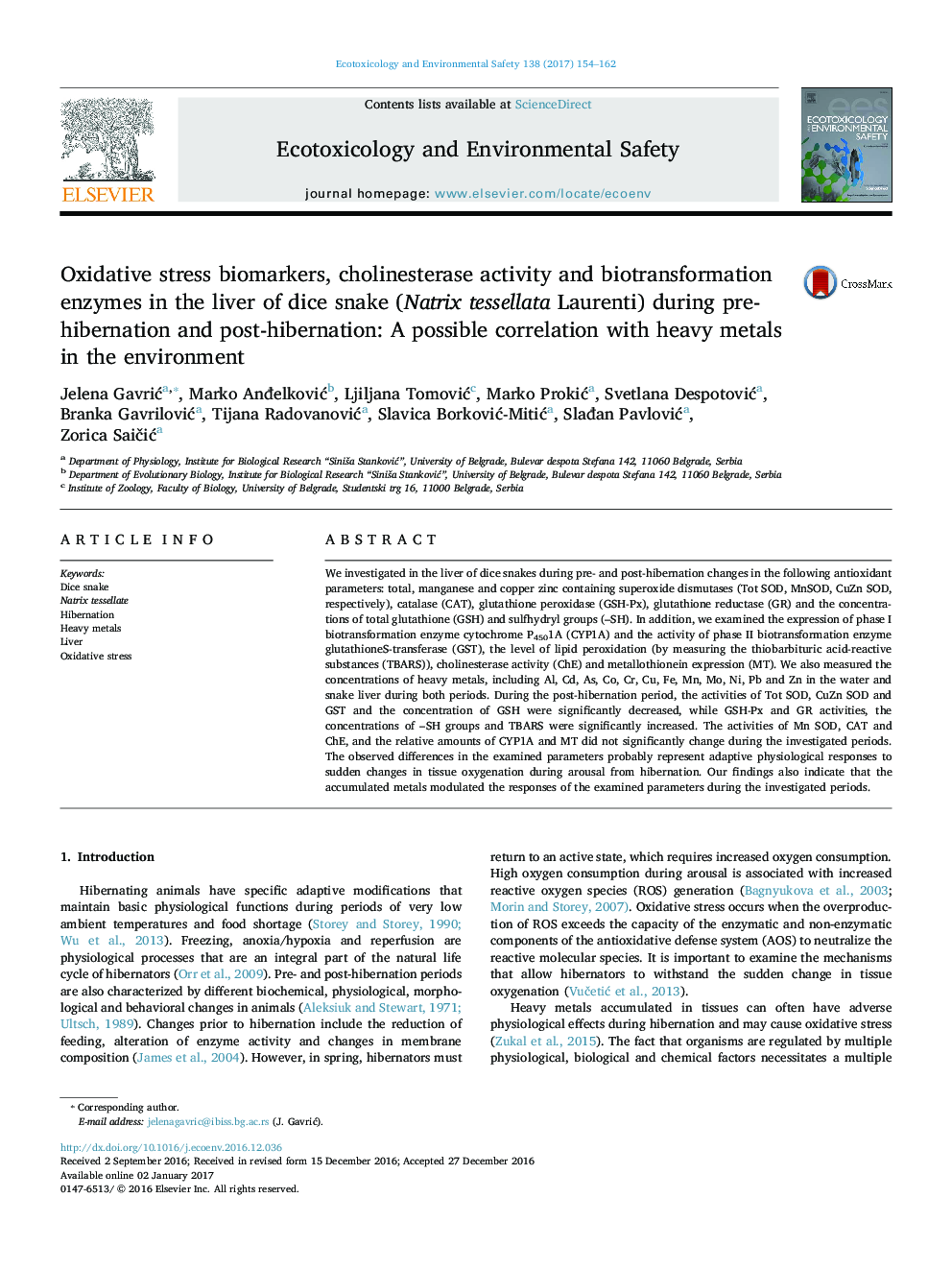 Oxidative stress biomarkers, cholinesterase activity and biotransformation enzymes in the liver of dice snake (Natrix tessellata Laurenti) during pre-hibernation and post-hibernation: A possible correlation with heavy metals in the environment