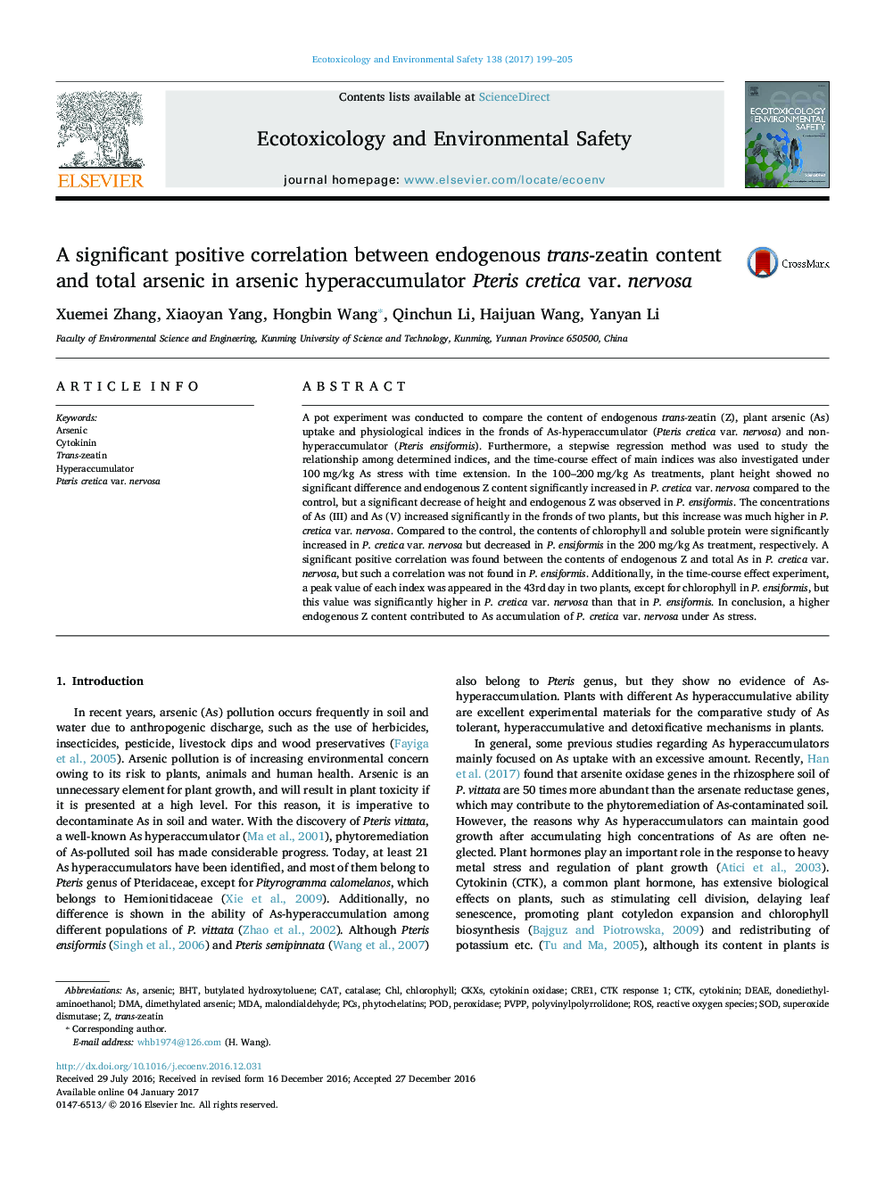 A significant positive correlation between endogenous trans-zeatin content and total arsenic in arsenic hyperaccumulator Pteris cretica var. nervosa