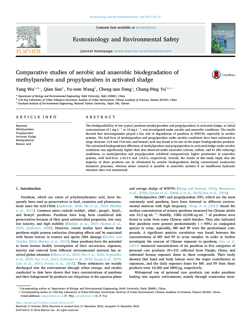 Comparative studies of aerobic and anaerobic biodegradation of methylparaben and propylparaben in activated sludge