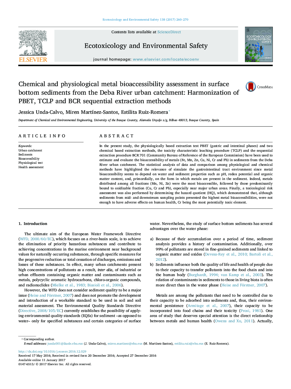 Chemical and physiological metal bioaccessibility assessment in surface bottom sediments from the Deba River urban catchment: Harmonization of PBET, TCLP and BCR sequential extraction methods
