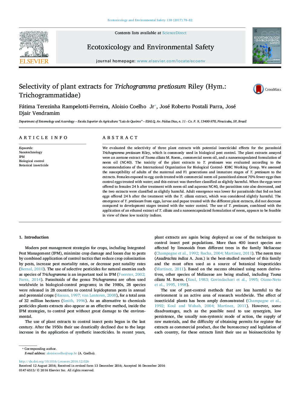 Selectivity of plant extracts for Trichogramma pretiosum Riley (Hym.: Trichogrammatidae)