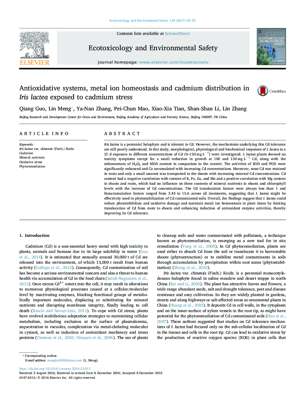 Antioxidative systems, metal ion homeostasis and cadmium distribution in Iris lactea exposed to cadmium stress