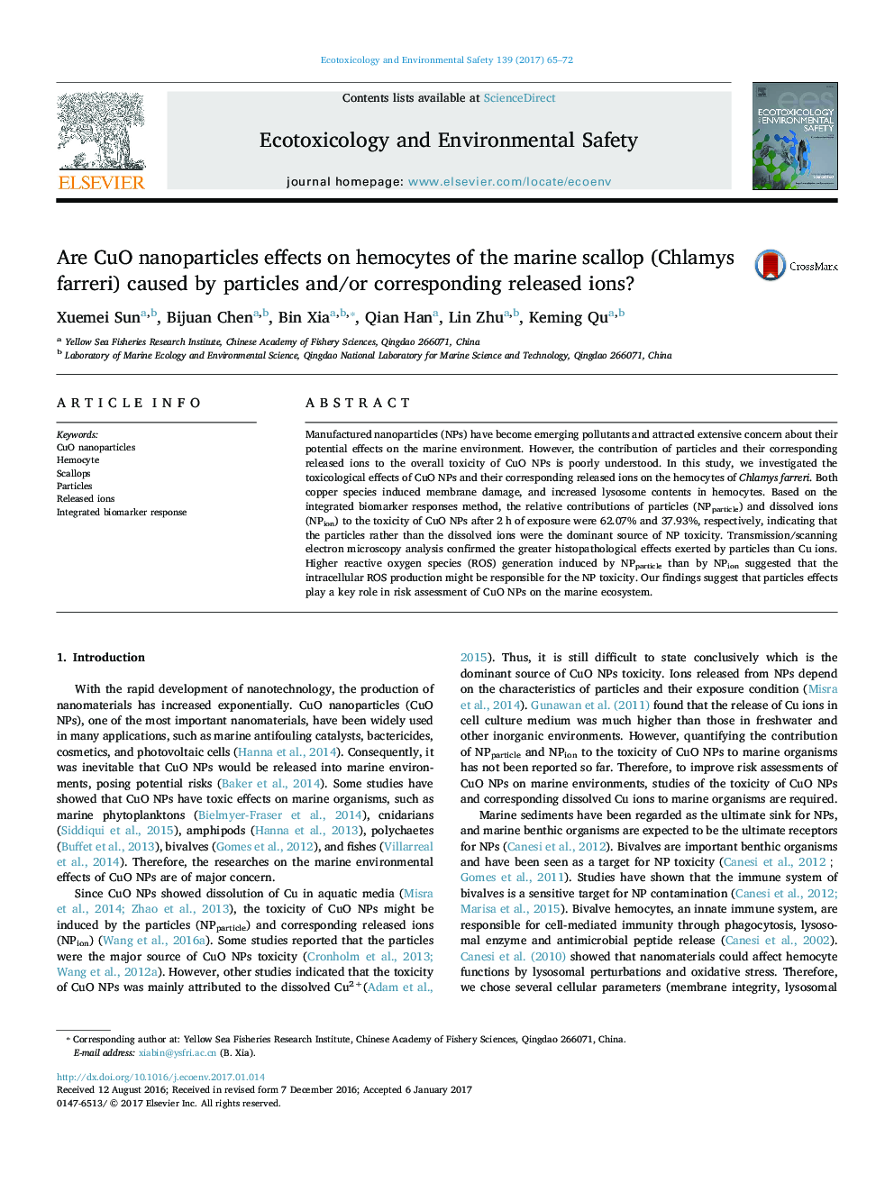 Are CuO nanoparticles effects on hemocytes of the marine scallop (Chlamys farreri) caused by particles and/or corresponding released ions?