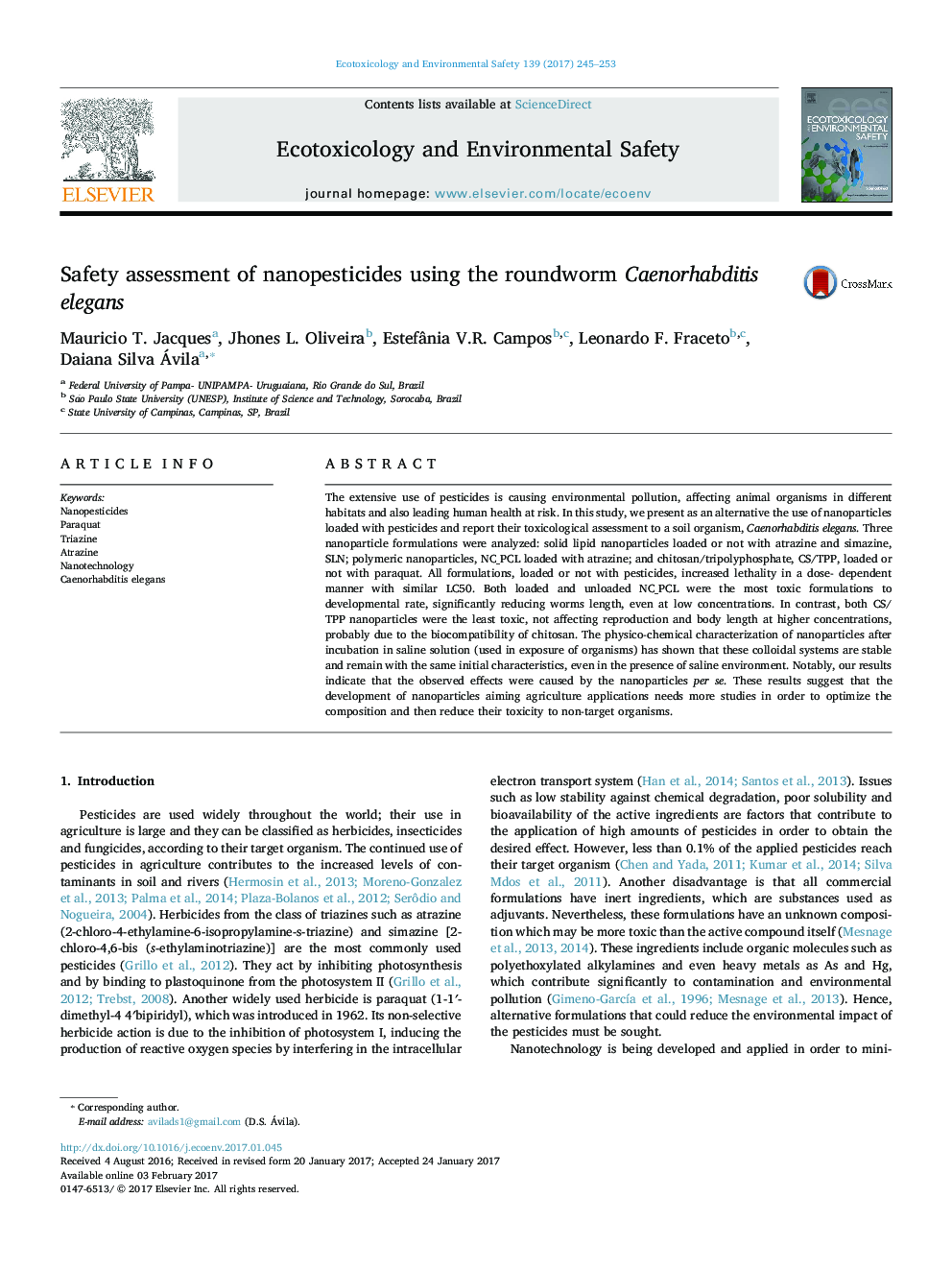 Safety assessment of nanopesticides using the roundworm Caenorhabditis elegans