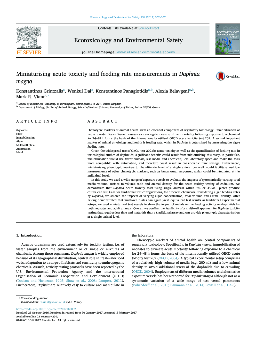 Miniaturising acute toxicity and feeding rate measurements in Daphnia magna