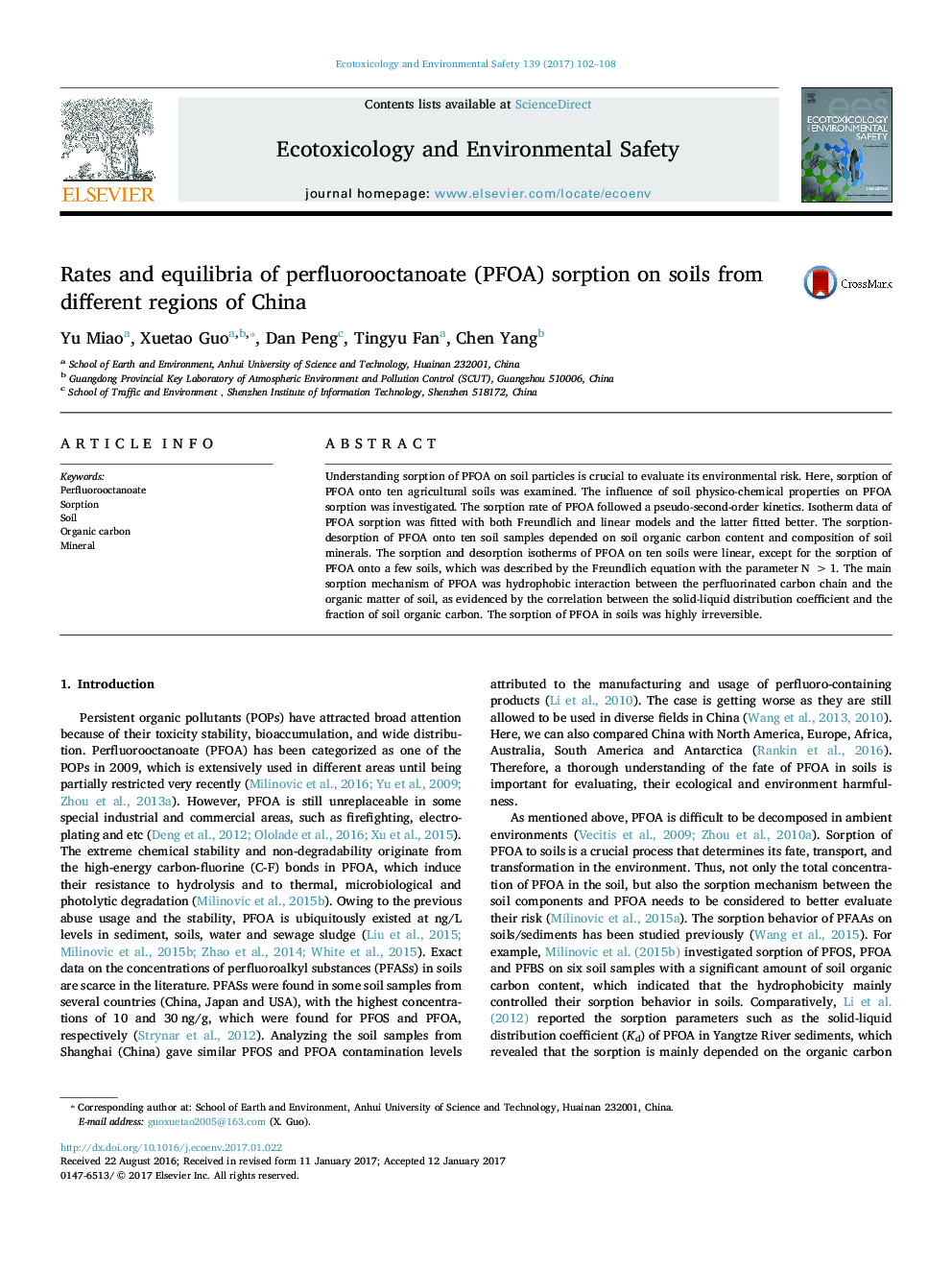 Rates and equilibria of perfluorooctanoate (PFOA) sorption on soils from different regions of China