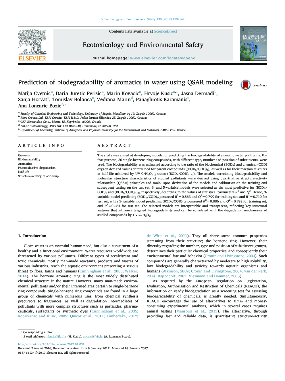 Prediction of biodegradability of aromatics in water using QSAR modeling