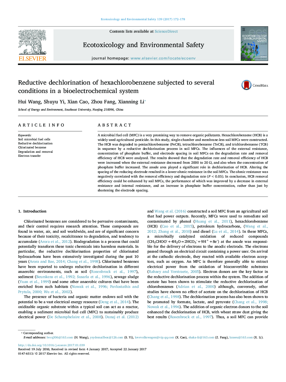 Reductive dechlorination of hexachlorobenzene subjected to several conditions in a bioelectrochemical system