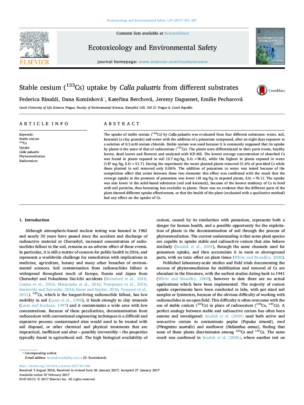 Stable cesium (133Cs) uptake by Calla palustris from different substrates