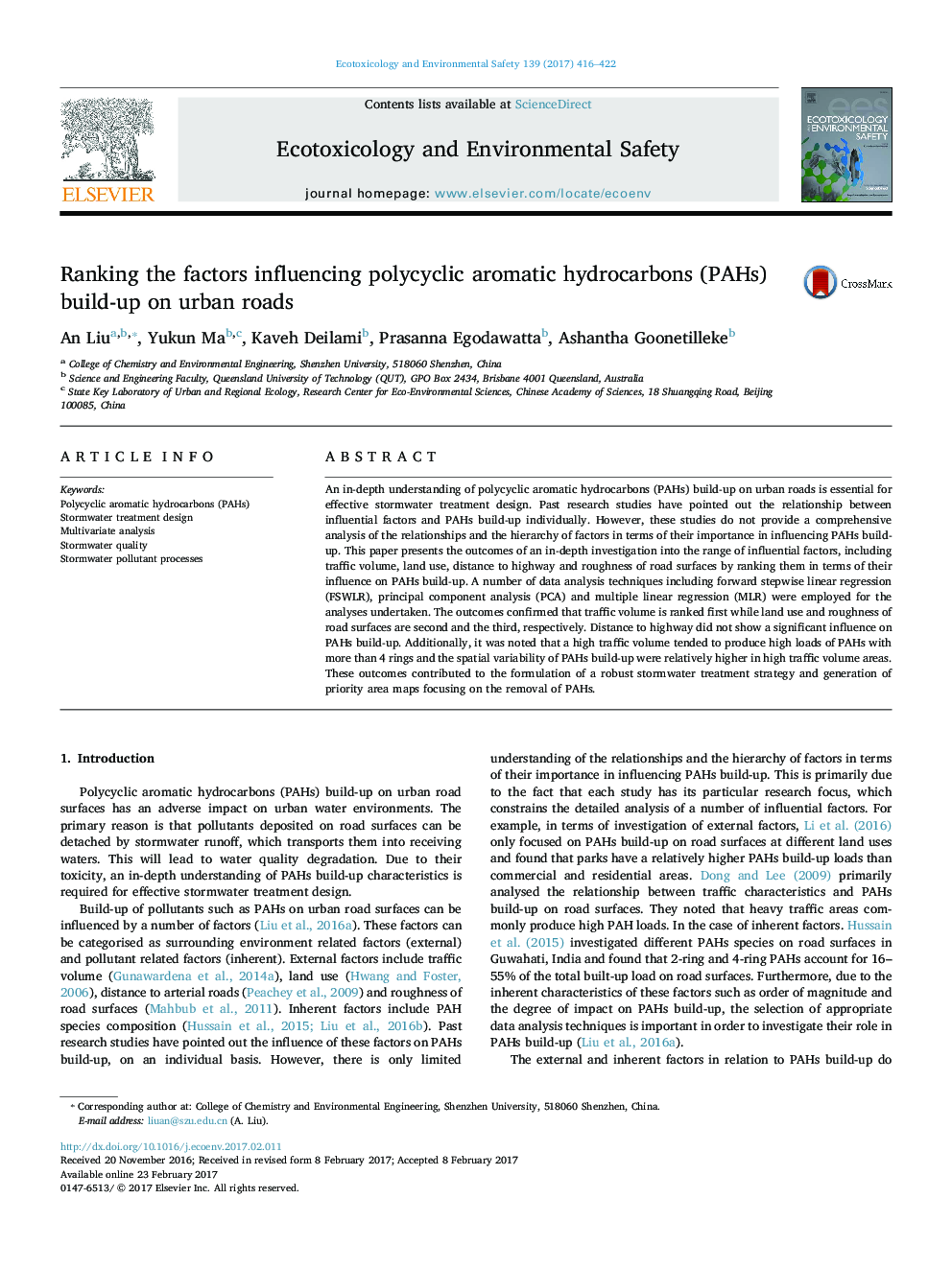 Ranking the factors influencing polycyclic aromatic hydrocarbons (PAHs) build-up on urban roads