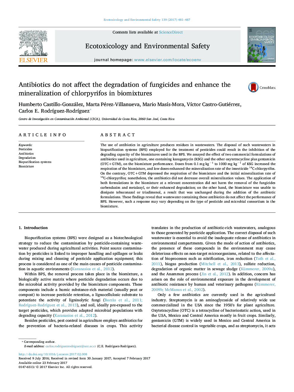 Antibiotics do not affect the degradation of fungicides and enhance the mineralization of chlorpyrifos in biomixtures