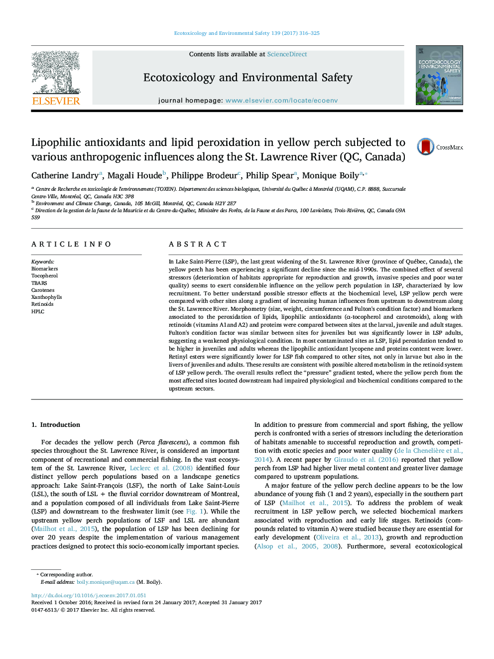 عکس صفحه اول مقاله: Lipophilic antioxidants and lipid peroxidation in yellow perch subjected to various anthropogenic influences along the St. Lawrence River (QC, Canada) Lipophilic antioxidants and lipid peroxidation in yellow perch subjected to various anthropogenic influences along the St. Lawrence River (QC, Canada)