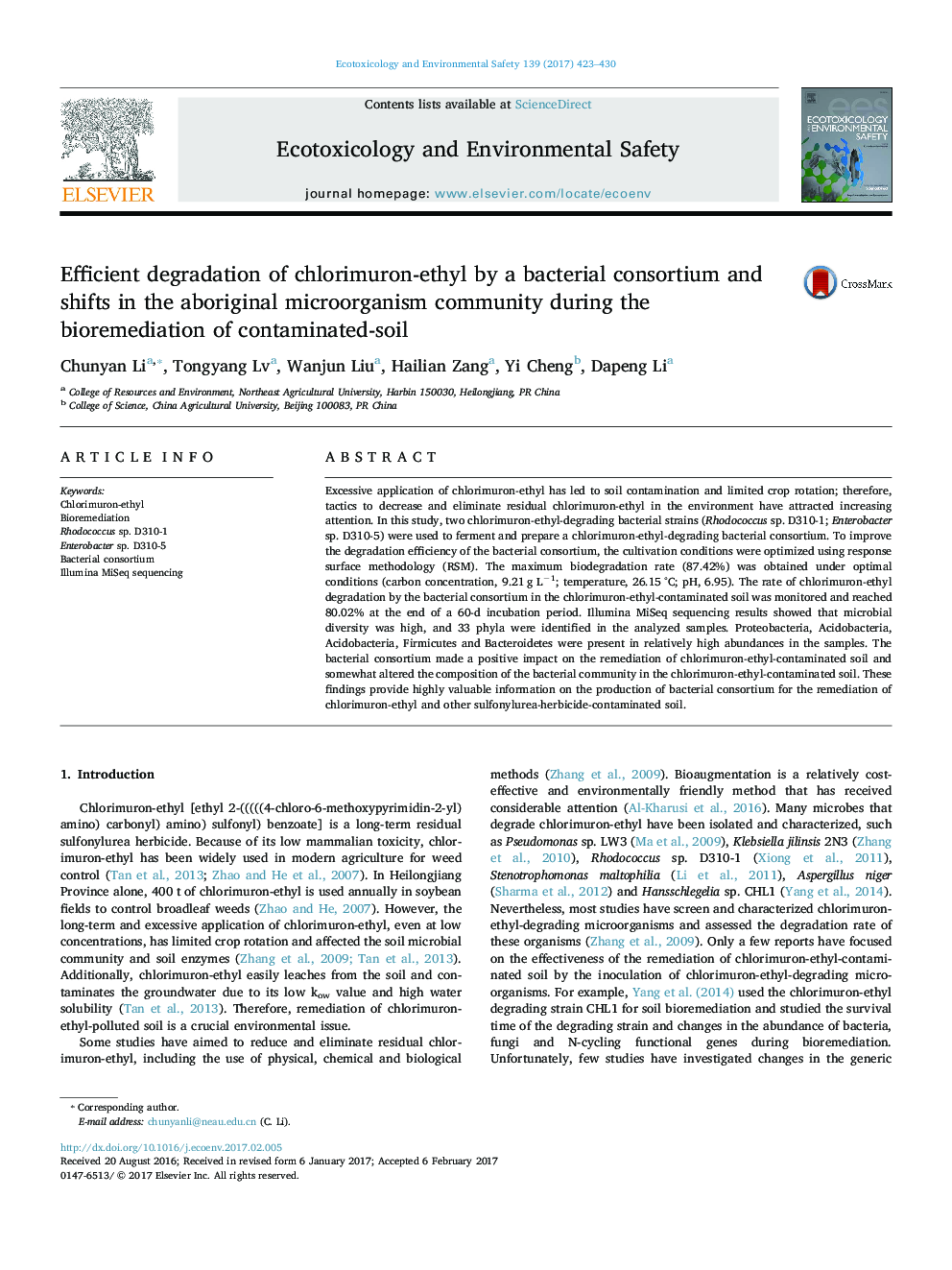 Efficient degradation of chlorimuron-ethyl by a bacterial consortium and shifts in the aboriginal microorganism community during the bioremediation of contaminated-soil