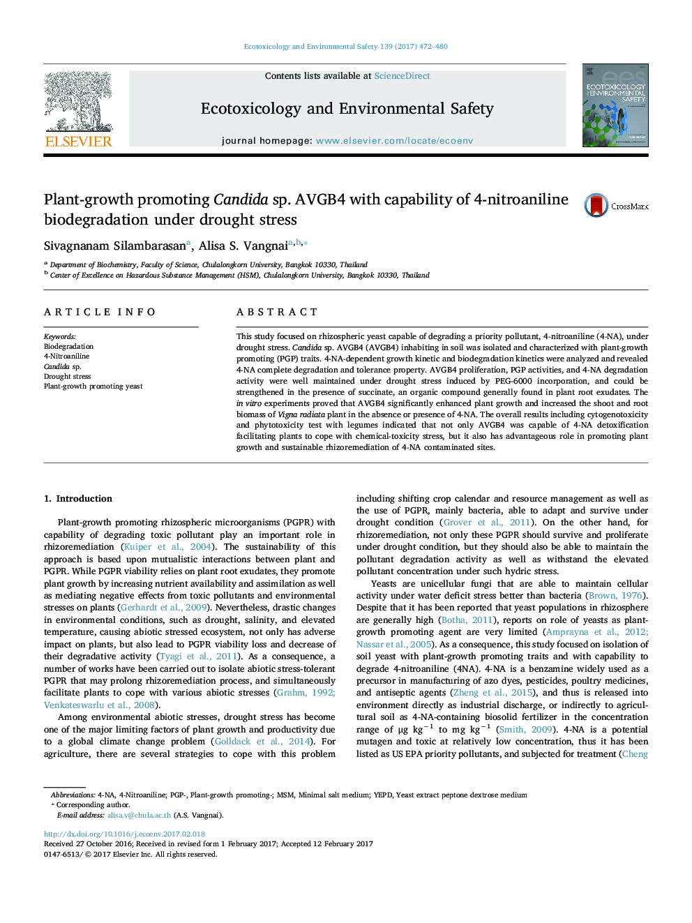 Plant-growth promoting Candida sp. AVGB4 with capability of 4-nitroaniline biodegradation under drought stress