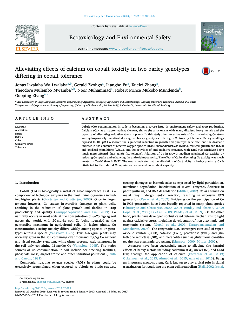 Alleviating effects of calcium on cobalt toxicity in two barley genotypes differing in cobalt tolerance