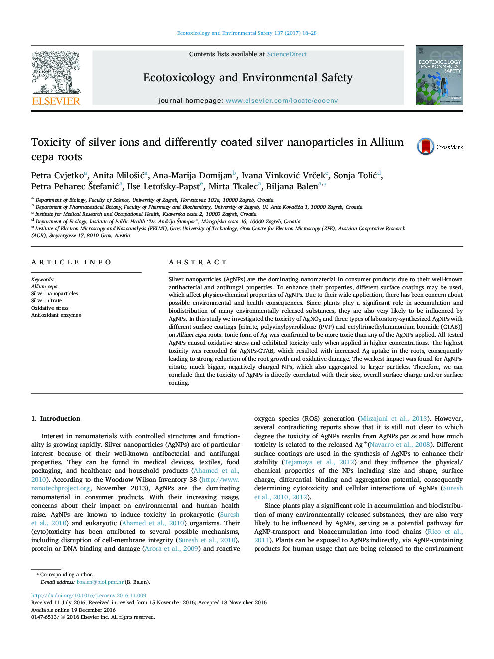 Toxicity of silver ions and differently coated silver nanoparticles in Allium cepa roots