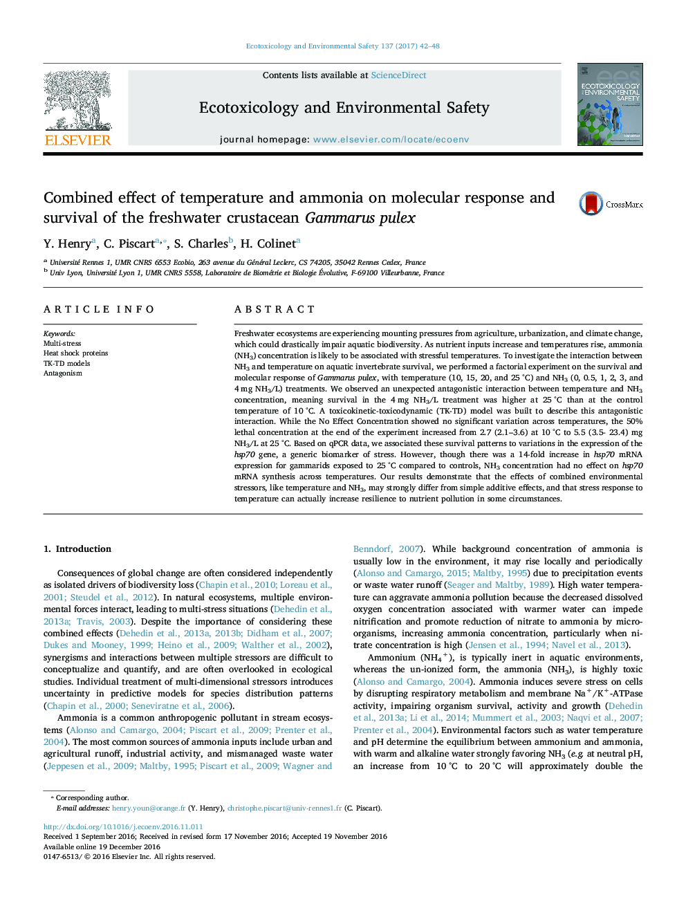 Combined effect of temperature and ammonia on molecular response and survival of the freshwater crustacean Gammarus pulex