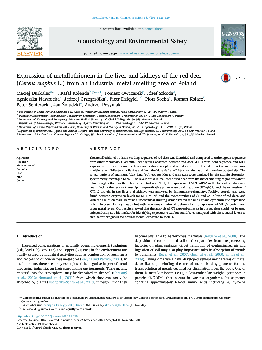 Expression of metallothionein in the liver and kidneys of the red deer (Cervus elaphus L.) from an industrial metal smelting area of Poland