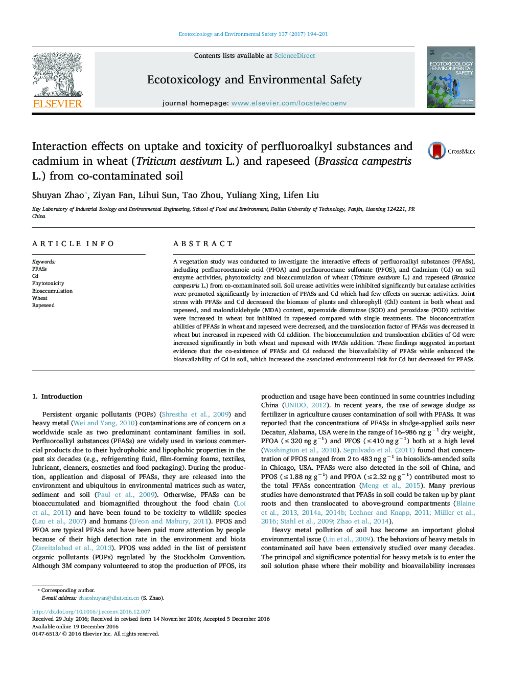 Interaction effects on uptake and toxicity of perfluoroalkyl substances and cadmium in wheat (Triticum aestivum L.) and rapeseed (Brassica campestris L.) from co-contaminated soil