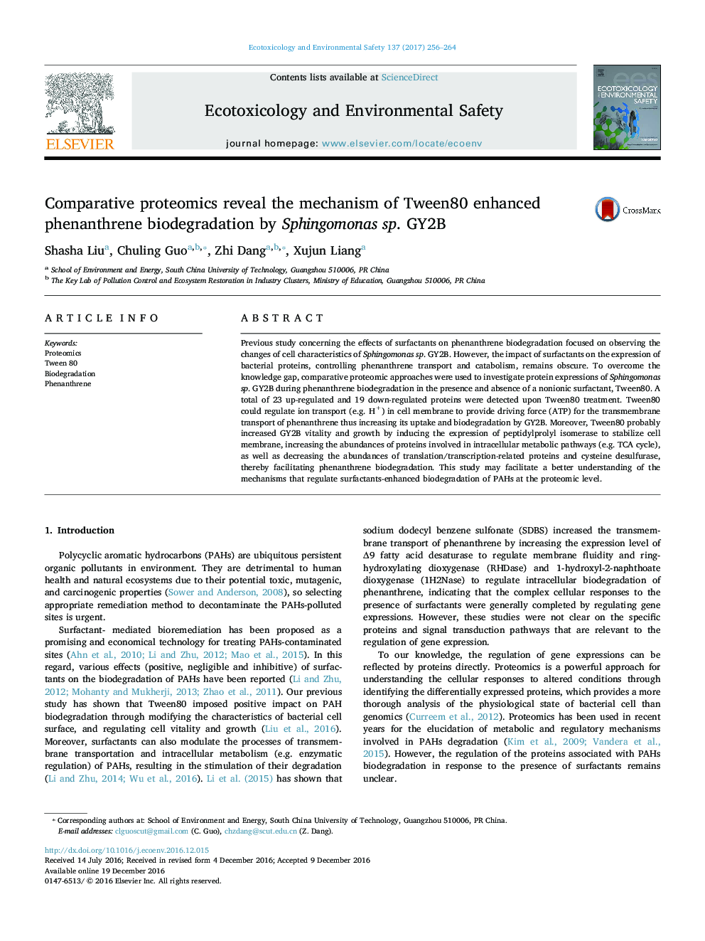 Comparative proteomics reveal the mechanism of Tween80 enhanced phenanthrene biodegradation by Sphingomonas sp. GY2B