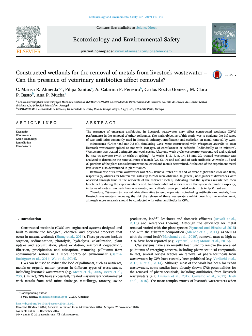 Constructed wetlands for the removal of metals from livestock wastewater - Can the presence of veterinary antibiotics affect removals?