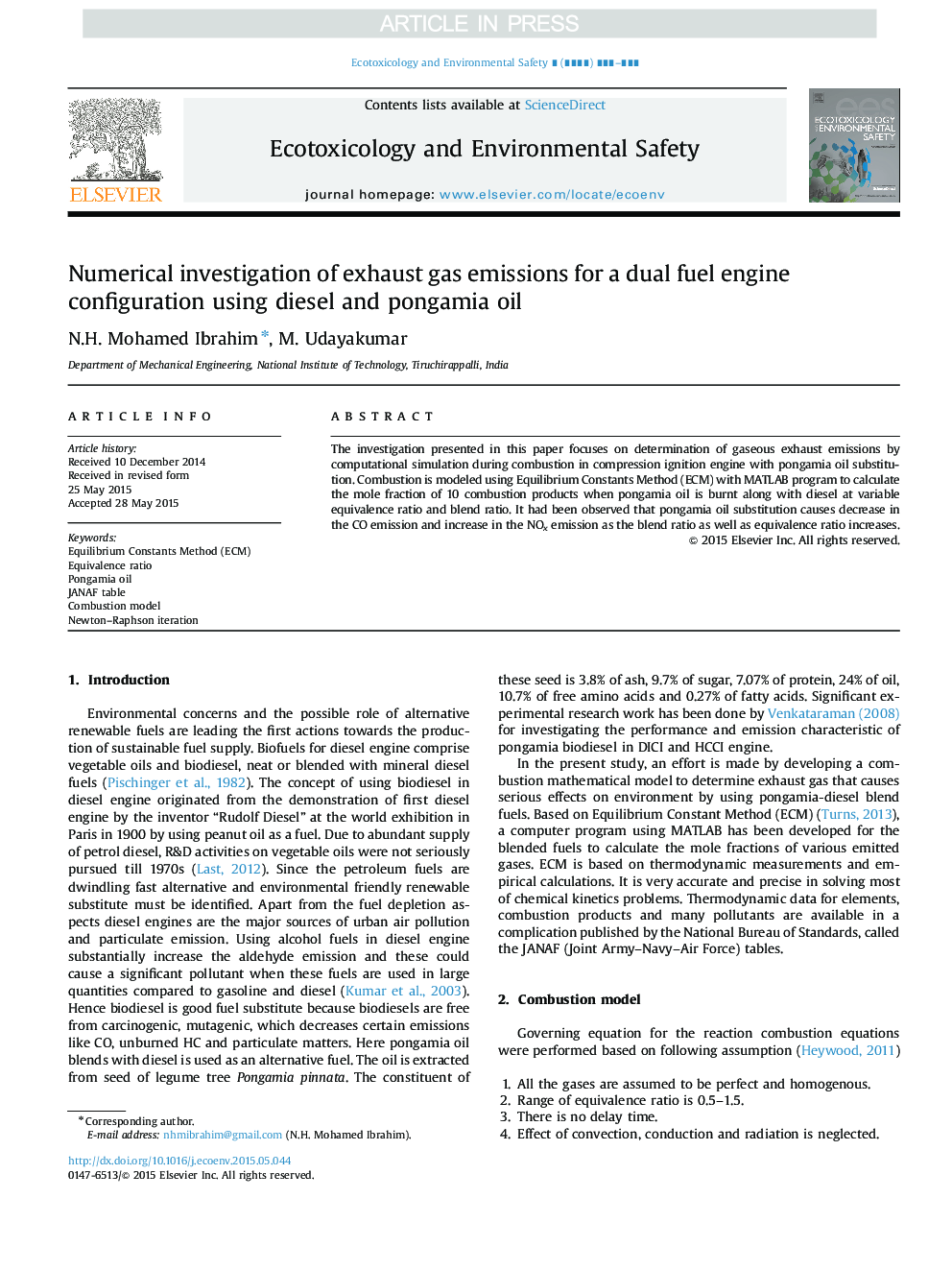 Numerical investigation of exhaust gas emissions for a dual fuel engine configuration using diesel and pongamia oil