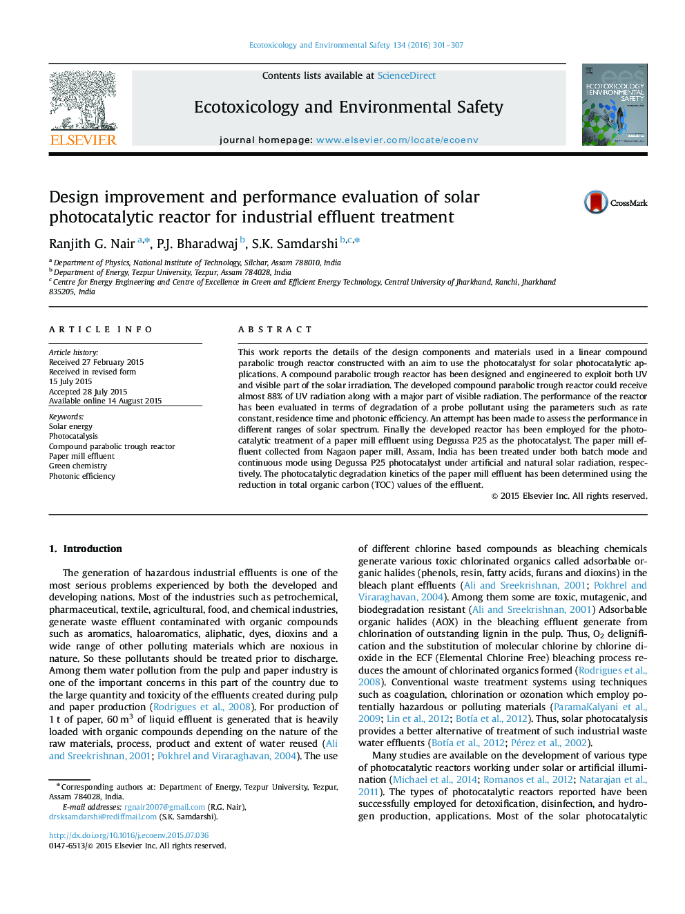 Design improvement and performance evaluation of solar photocatalytic reactor for industrial effluent treatment