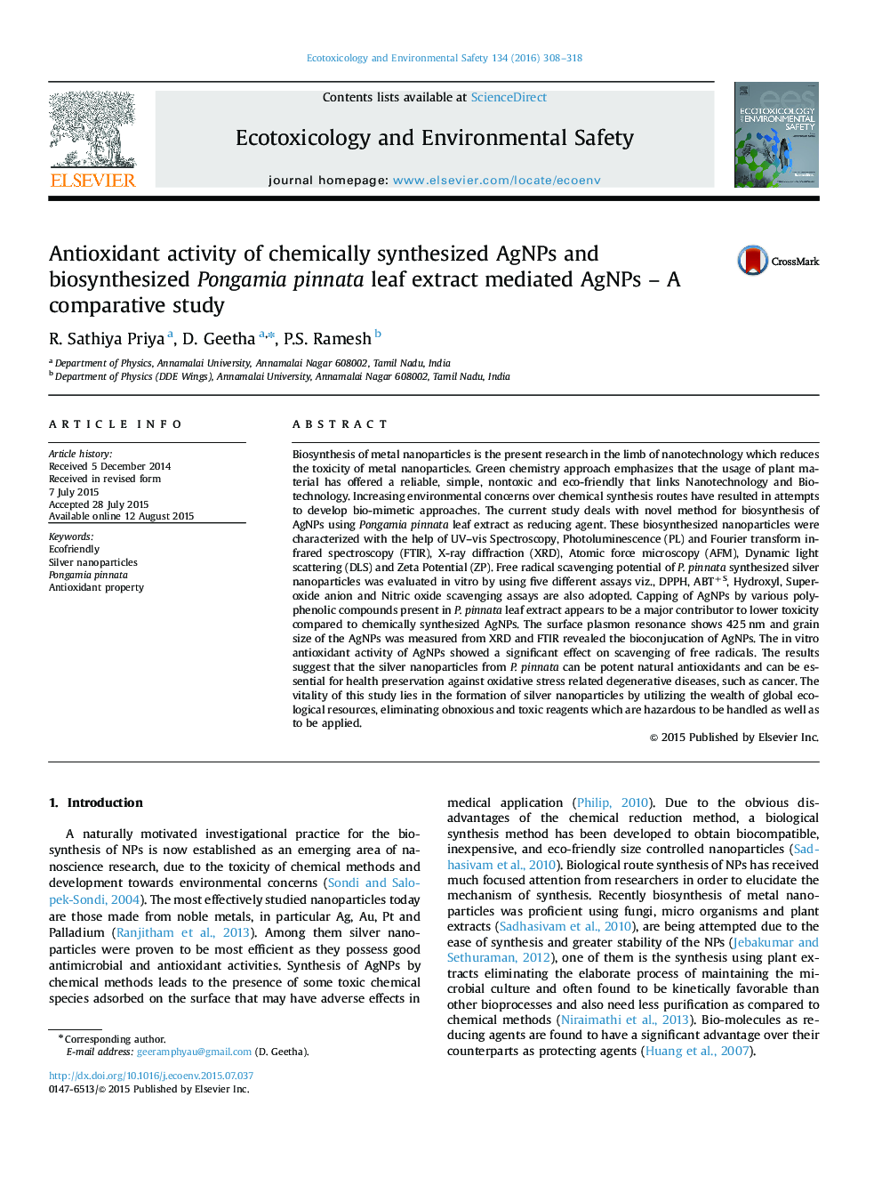 Antioxidant activity of chemically synthesized AgNPs and biosynthesized Pongamia pinnata leaf extract mediated AgNPs - A comparative study