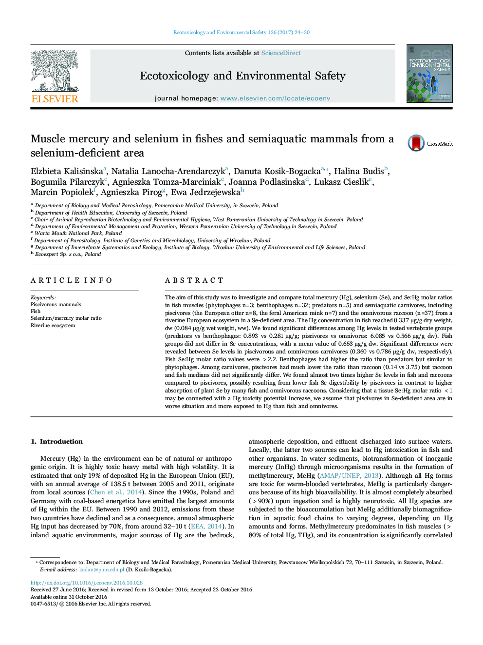 Muscle mercury and selenium in fishes and semiaquatic mammals from a selenium-deficient area