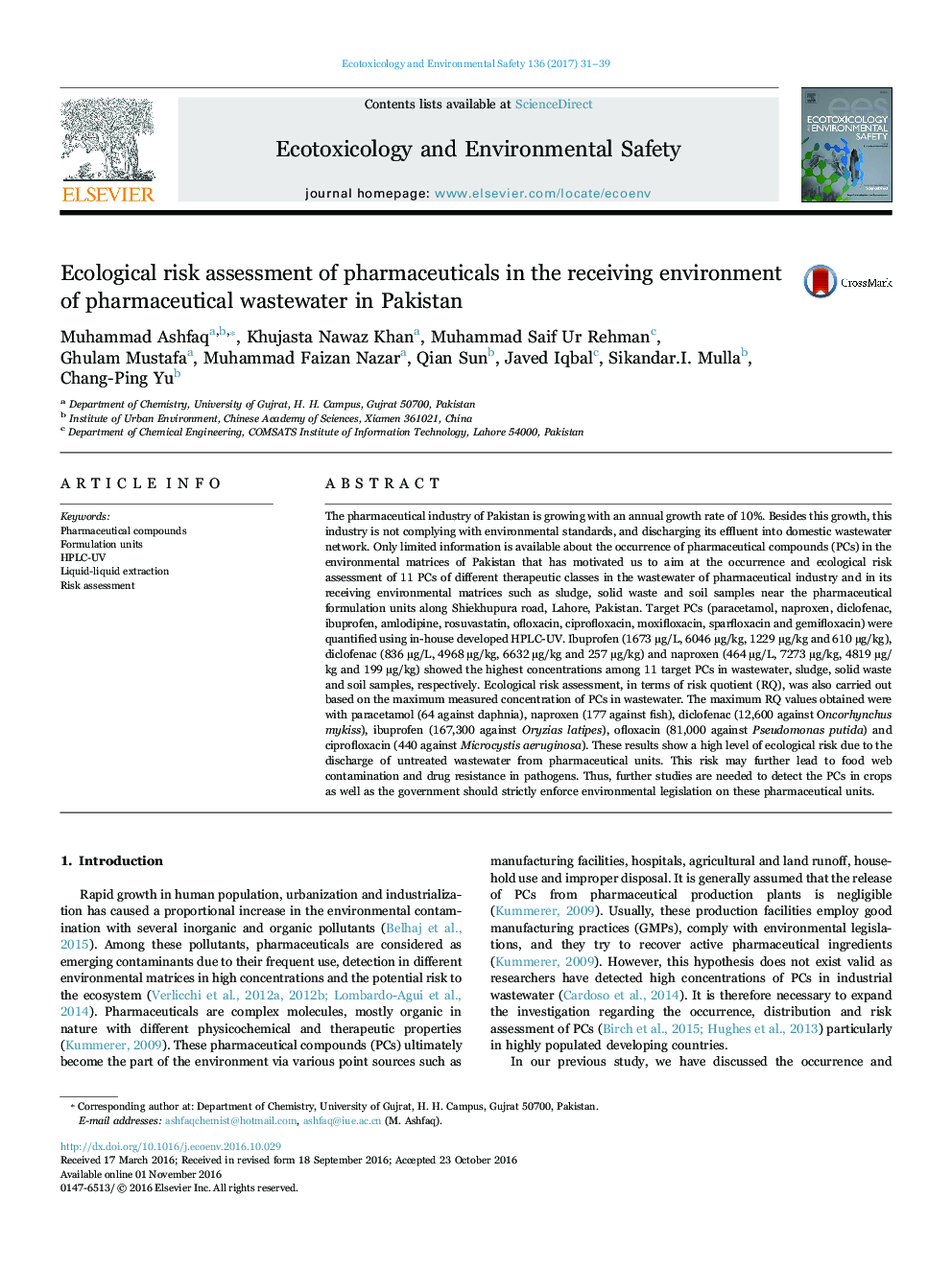 Ecological risk assessment of pharmaceuticals in the receiving environment of pharmaceutical wastewater in Pakistan