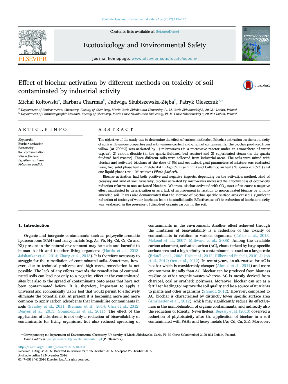 Effect of biochar activation by different methods on toxicity of soil contaminated by industrial activity