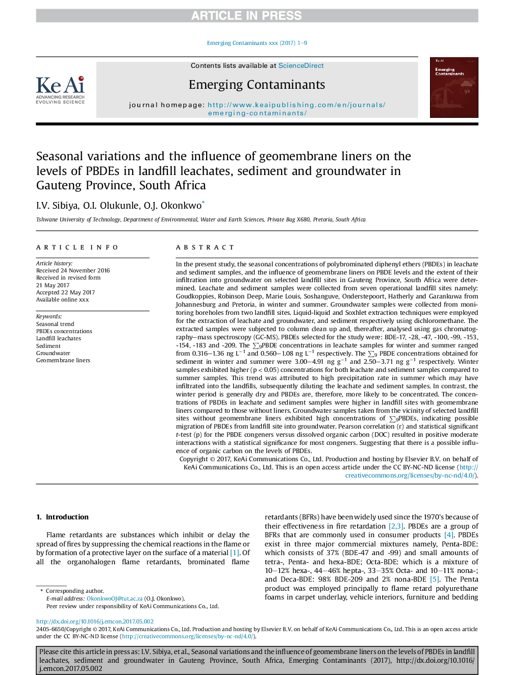 Seasonal variations and the influence of geomembrane liners on the levels of PBDEs in landfill leachates, sediment and groundwater in Gauteng Province, South Africa