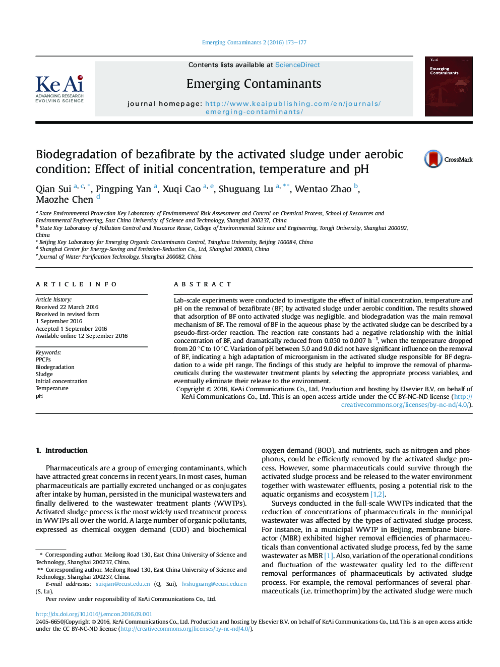 Biodegradation of bezafibrate by the activated sludge under aerobic condition: Effect of initial concentration, temperature and pH