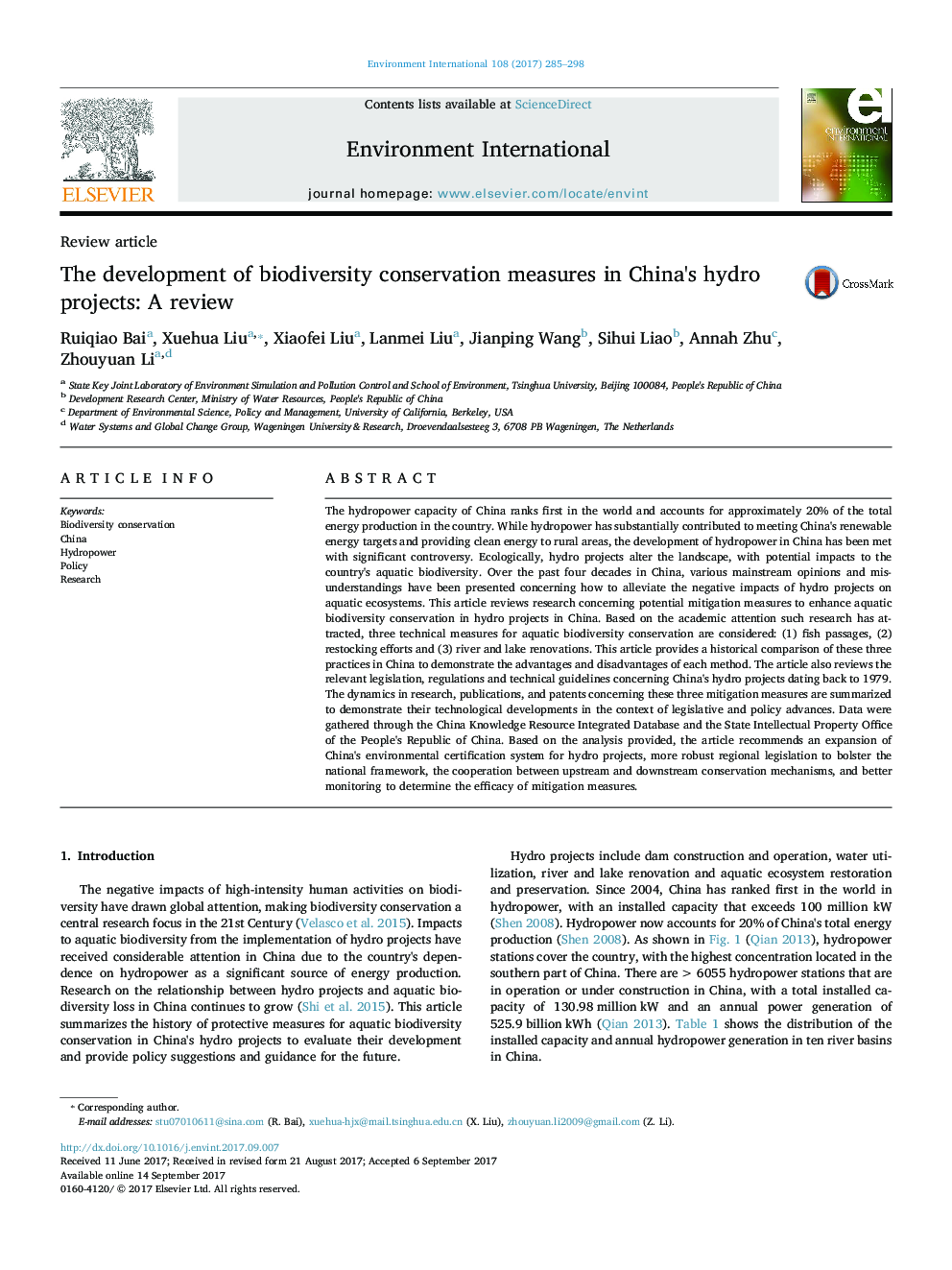 Review articleThe development of biodiversity conservation measures in China's hydro projects: A review