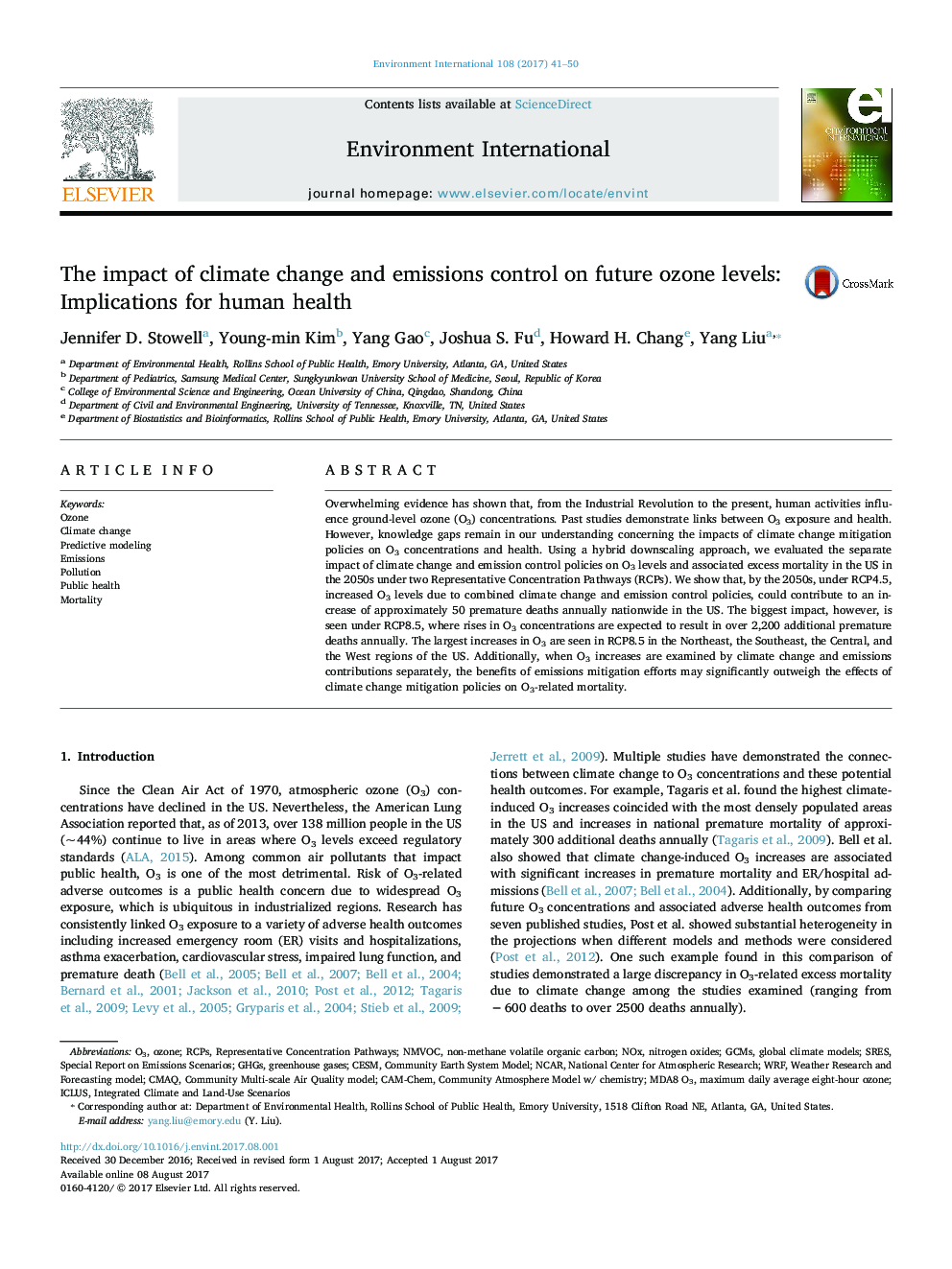 The impact of climate change and emissions control on future ozone levels: Implications for human health