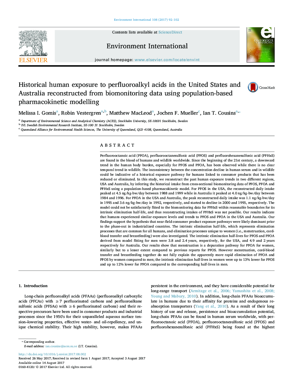 Historical human exposure to perfluoroalkyl acids in the United States and Australia reconstructed from biomonitoring data using population-based pharmacokinetic modelling