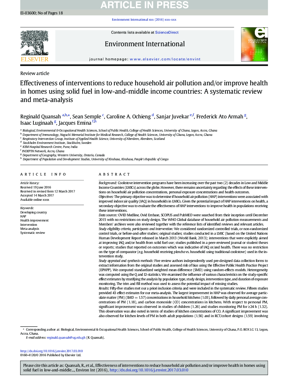 Effectiveness of interventions to reduce household air pollution and/or improve health in homes using solid fuel in low-and-middle income countries: A systematic review and meta-analysis