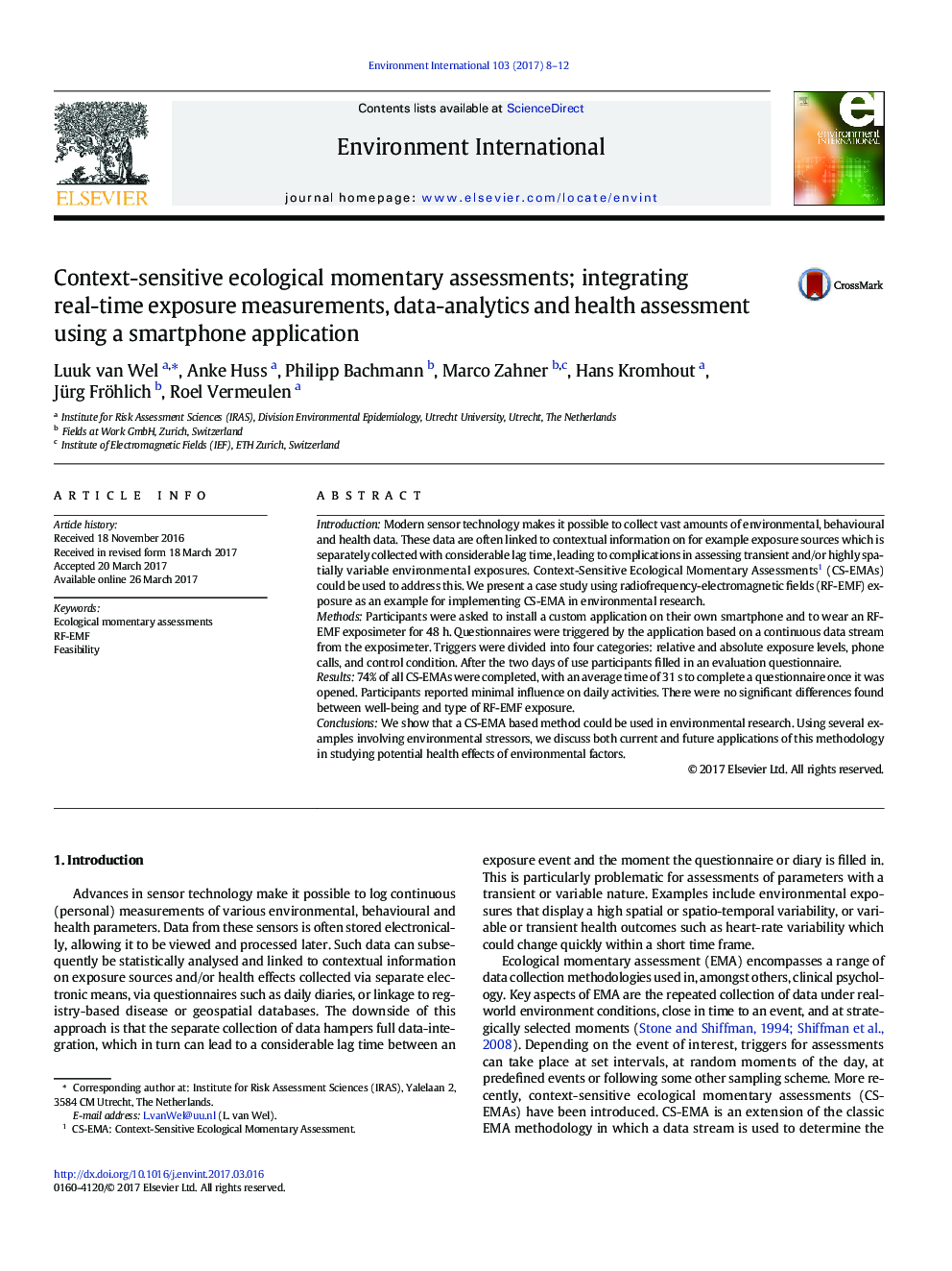 Context-sensitive ecological momentary assessments; integrating real-time exposure measurements, data-analytics and health assessment using a smartphone application