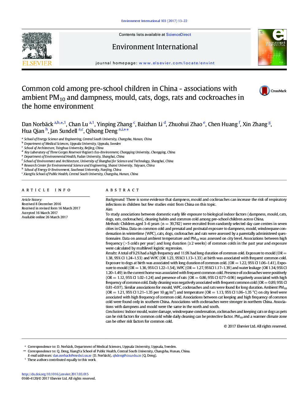 عکس صفحه اول مقاله: Common cold among pre-school children in China - associations with ambient PM10 and dampness, mould, cats, dogs, rats and cockroaches in the home environment Common cold among pre-school children in China - associations with ambient PM10 and dampness, mould, cats, dogs, rats and cockroaches in the home environment